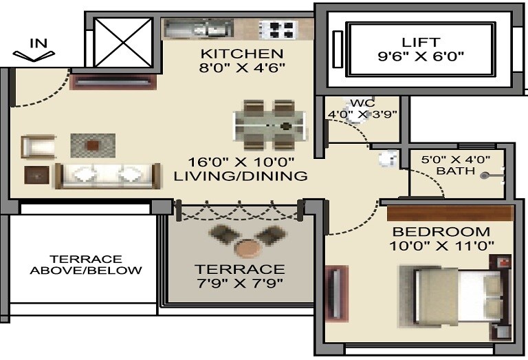 Floor plan of 1 BHK 450 Sq. Ft. Apartment in D R Destination Ostia, Pune