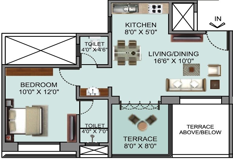 Floor plan of 1 BHK 500 Sq. Ft. Apartment in D R Destination Ostia, Pune