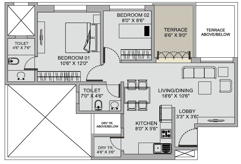Floor plan of 2 BHK 649 Sq. Ft. Apartment in D R Destination Ostia, Pune