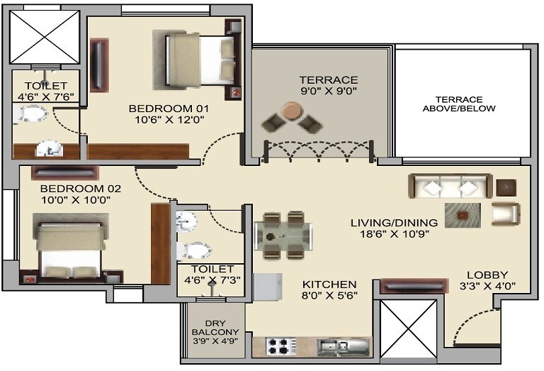 Floor plan of 2 BHK 753 Sq. Ft. Apartment in D R Destination Ostia, Pune