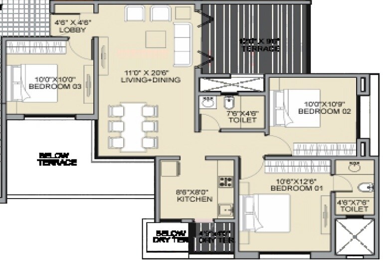 Floor plan of 3 BHK 978 Sq. Ft. Apartment in D R Destination Ostia, Pune