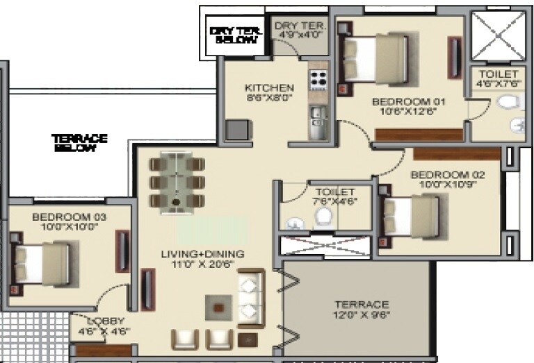 Floor plan of 3 BHK 856 Sq. Ft. Apartment in D R Destination Ostia, Pune