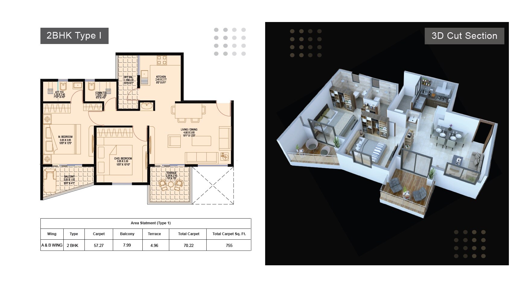Floor plan of 2 BHK 755 Sq. Ft. Apartment in DA Borade Samarth County, Pune