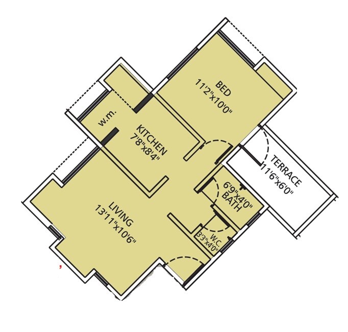 Floor plan of 1 BHK 551 Sq. Ft. Apartment in Dabhade Parijaat Residency, Pune