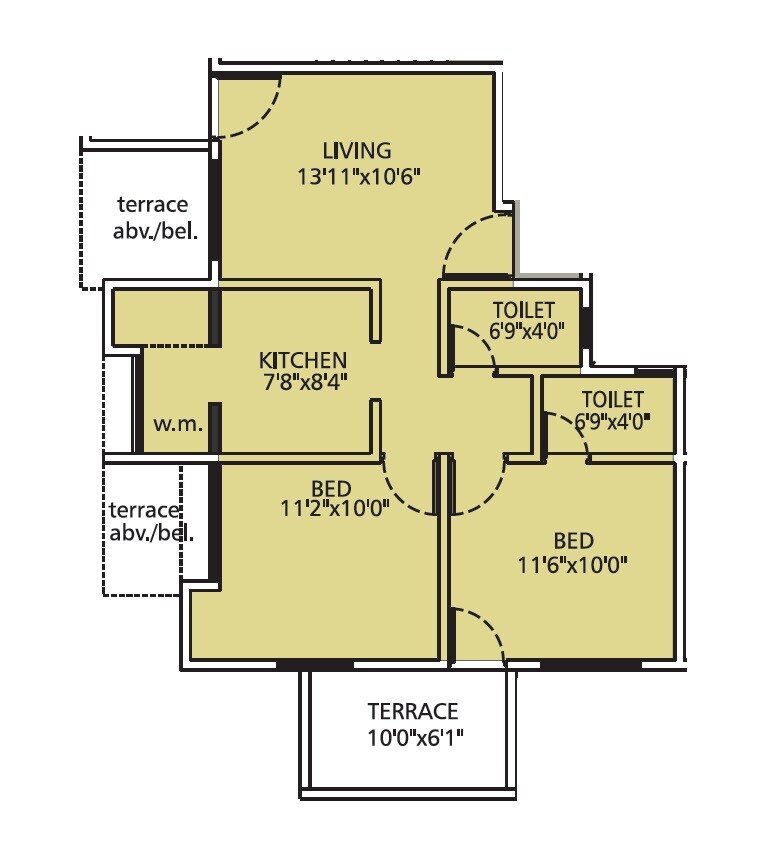Floor plan of 2 BHK 699 Sq. Ft. Apartment in Dabhade Parijaat Residency, Pune