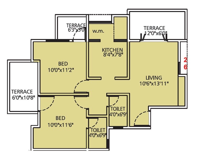 Floor plan of 2 BHK 793 Sq. Ft. Apartment in Dabhade Parijaat Residency, Pune