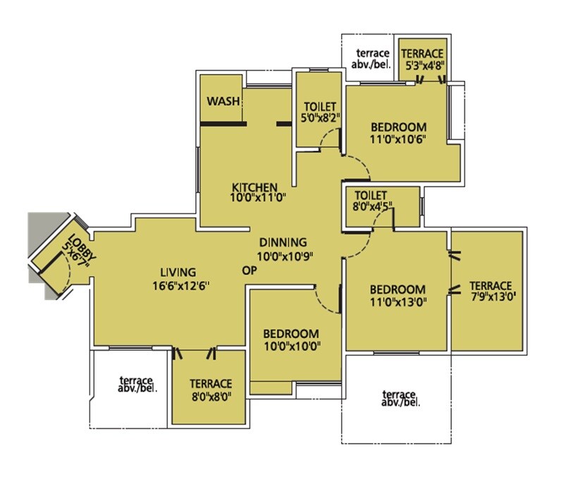 Floor plan of 3 BHK 1165 Sq. Ft. Apartment in Dabhade Parijaat Residency, Pune