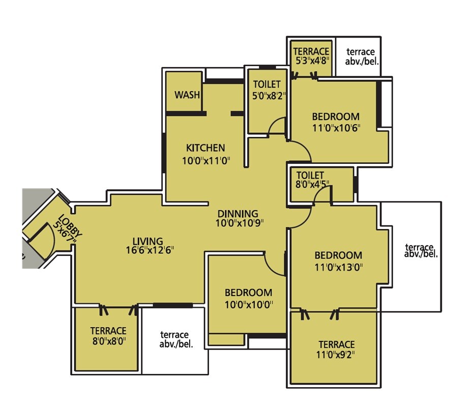 Floor plan of 3 BHK 1178 Sq. Ft. Apartment in Dabhade Parijaat Residency, Pune