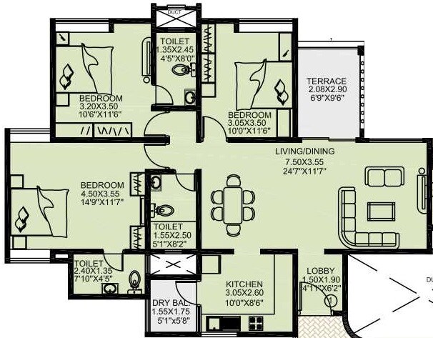 3 BHK 887 Sq. Ft. Apartment