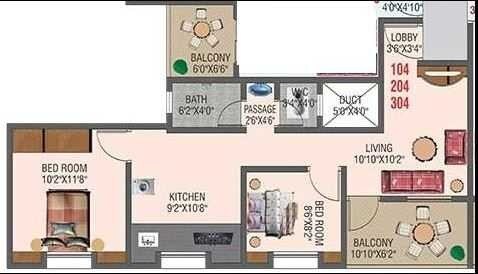 Floor plan of 2 BHK 924 Sq. Ft. Apartment in Darode Jog Shriniwas Bharatshree, Pune