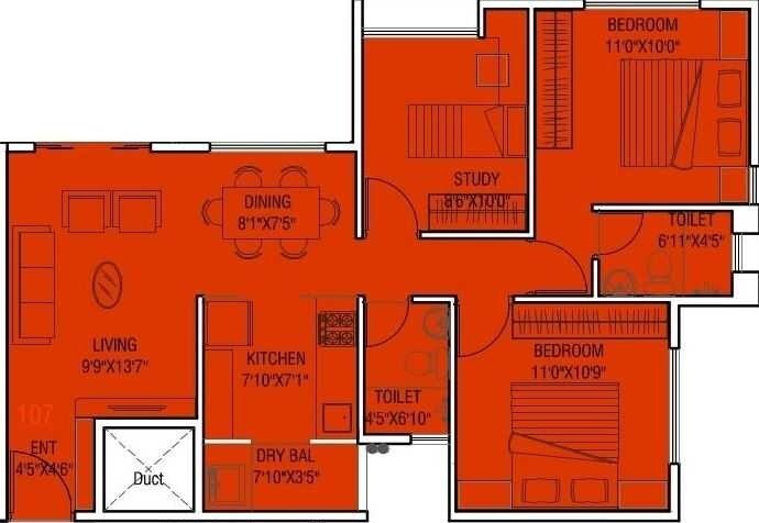 Floor plan of 3 BHK 1356 Sq. Ft. Apartment in Darode Jog Shriniwas Bharatshree, Pune