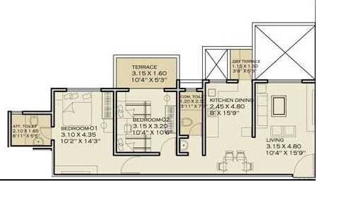 Floor plan of 2 BHK 610 Sq. Ft. Apartment in Darode Jog Shriniwas Zelam, Pune
