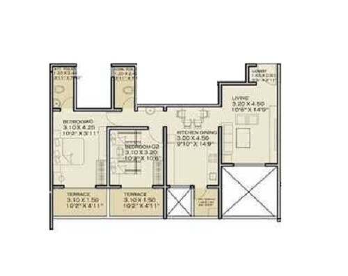 Floor plan of 2 BHK 660 Sq. Ft. Apartment in Darode Jog Shriniwas Zelam, Pune