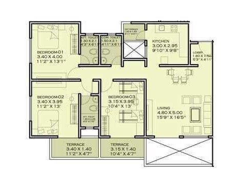 Floor plan of 3 BHK 852 Sq. Ft. Apartment in Darode Jog Shriniwas Zelam, Pune