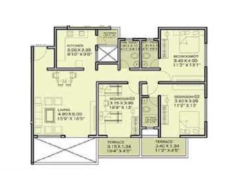 Floor plan of 3 BHK 931 Sq. Ft. Apartment in Darode Jog Shriniwas Zelam, Pune