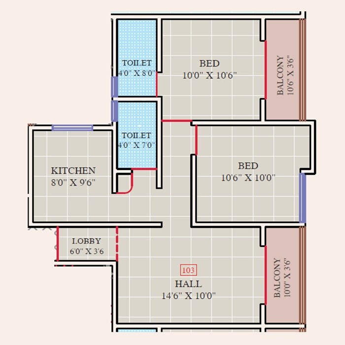 Floor plan of 2 BHK 694 Sq. Ft. Apartment in Darsheel Vasant Bahar, Pune