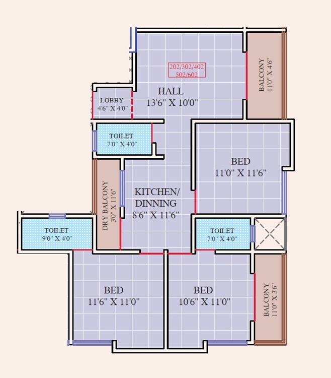 Floor plan of 3 BHK 951 Sq. Ft. Apartment in Darsheel Vasant Bahar, Pune