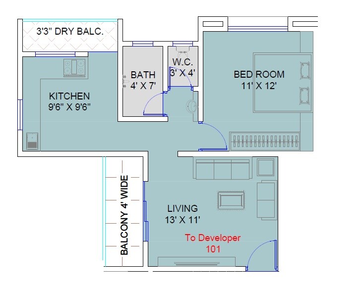Floor plan of 1 BHK 475 Sq. Ft. Apartment in Datar Gangotri, Pune