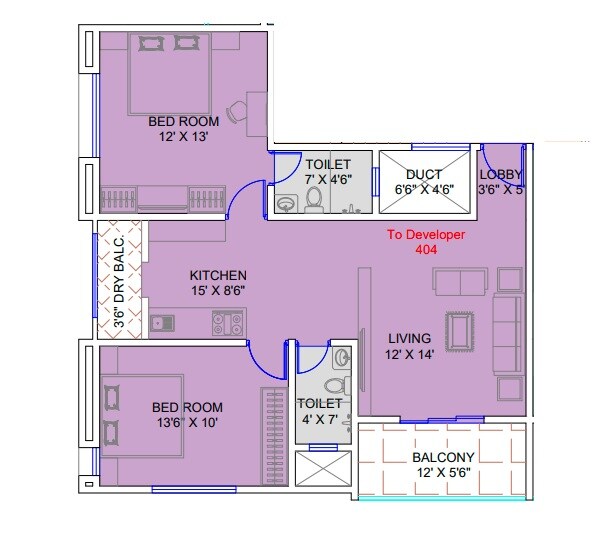 Floor plan of 2 BHK 704 Sq. Ft. Apartment in Datar Gangotri, Pune