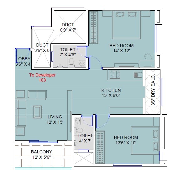 Floor plan of 2 BHK 741 Sq. Ft. Apartment in Datar Gangotri, Pune