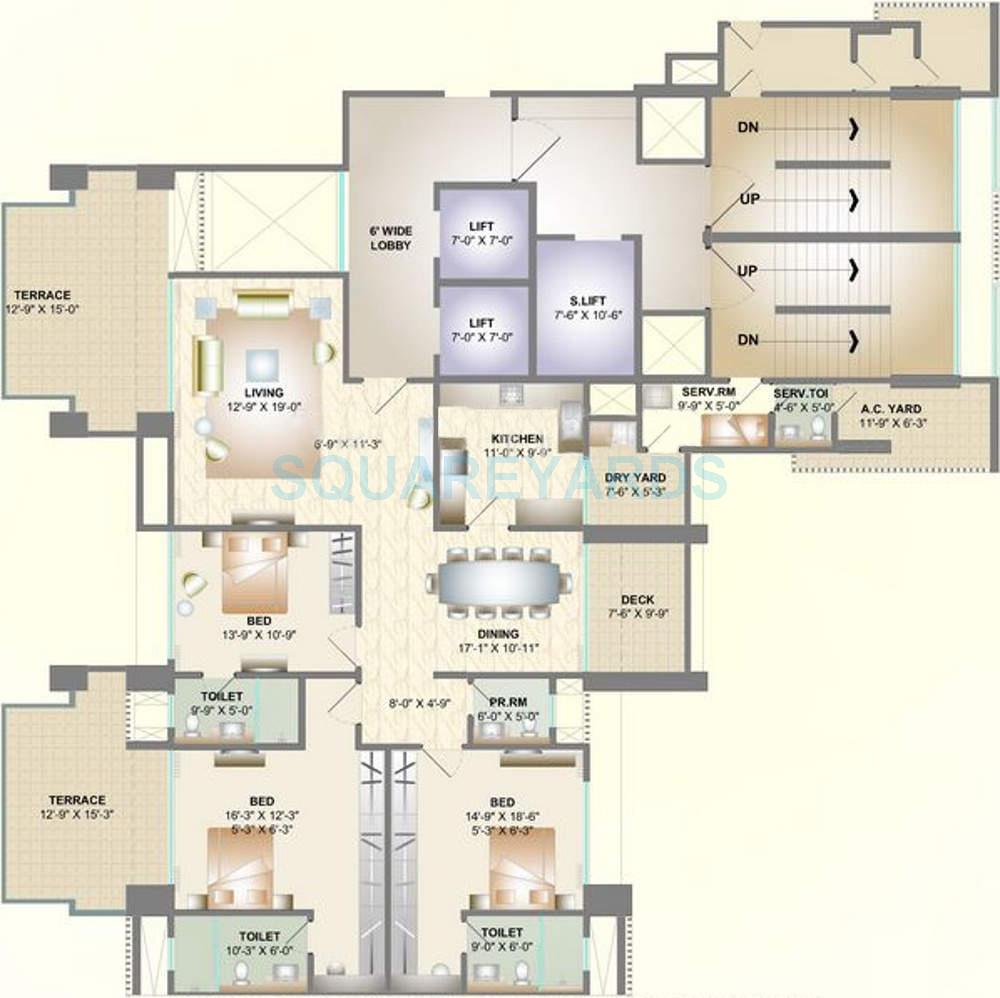 Floor plan of 3 BHK 2957 Sq. Ft. Apartment in DB Realty Orchid Golf View, Pune