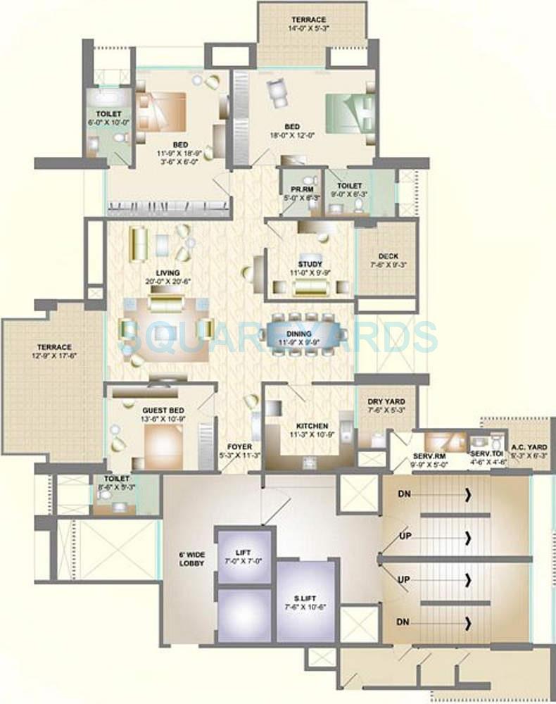 Floor plan of 3 BHK 3180 Sq. Ft. Apartment in DB Realty Orchid Golf View, Pune