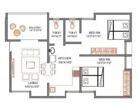 Floor plan of 2 BHK 684 Sq. Ft. Apartment in Dedge 10 Elite, Pune
