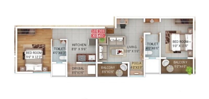 Floor plan of 2 BHK 667 Sq. Ft. Apartment in Deep Upavan, Pune