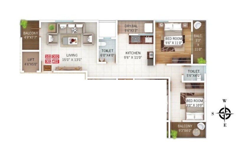 Floor plan of 2 BHK 761 Sq. Ft. Apartment in Deep Upavan, Pune