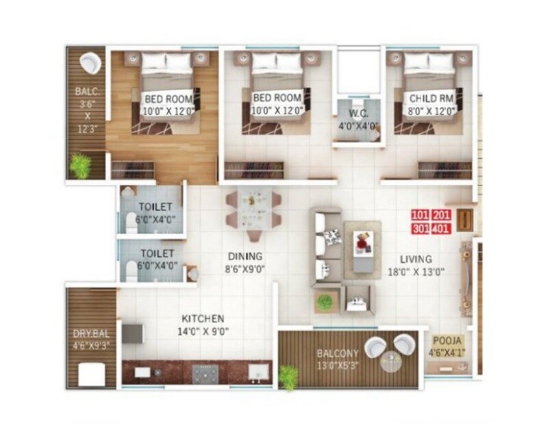 Floor plan of 3 BHK 1081 Sq. Ft. Apartment in Deep Upavan, Pune