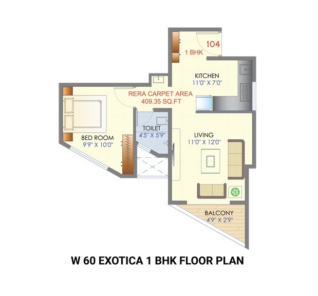 Floor plan of 1 BHK 409 Sq. Ft. Apartment in Deshpande W 60 Exotica, Pune