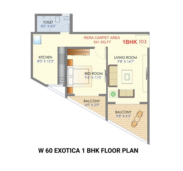 Floor plan of 1 BHK 541 Sq. Ft. Apartment in Deshpande W 60 Exotica, Pune
