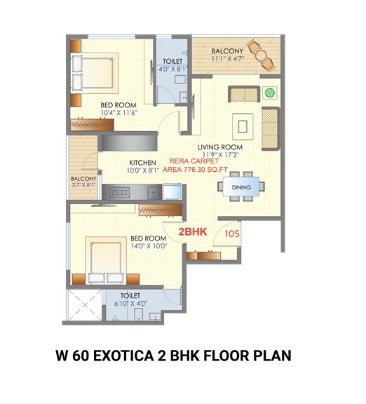 Floor plan of 2 BHK 776 Sq. Ft. Apartment in Deshpande W 60 Exotica, Pune