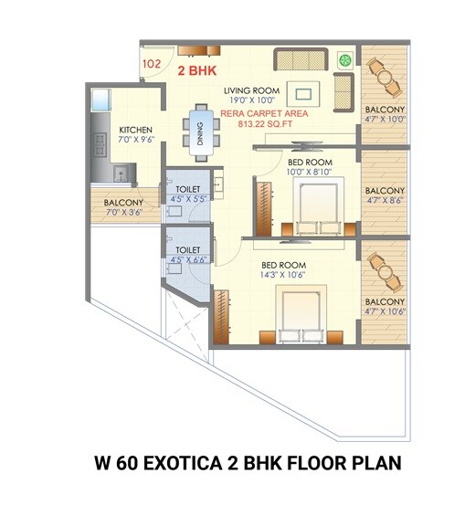 Floor plan of 2 BHK 813 Sq. Ft. Apartment in Deshpande W 60 Exotica, Pune