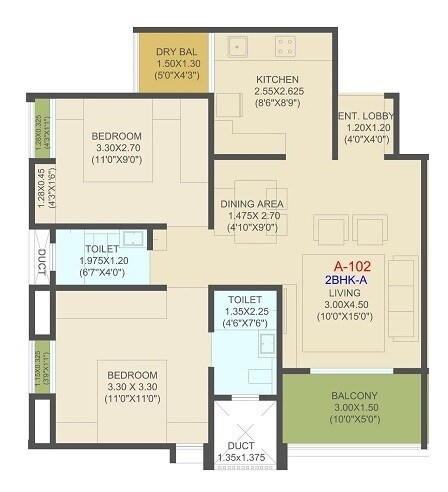Floor plan of 2 BHK 706 Sq. Ft. Apartment in Destination EL Progreso, Pune