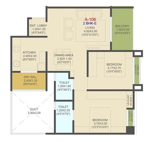 Floor plan of 2 BHK 762 Sq. Ft. Apartment in Destination EL Progreso, Pune