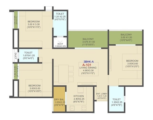 Floor plan of 3 BHK 840 Sq. Ft. Apartment in Destination EL Progreso, Pune