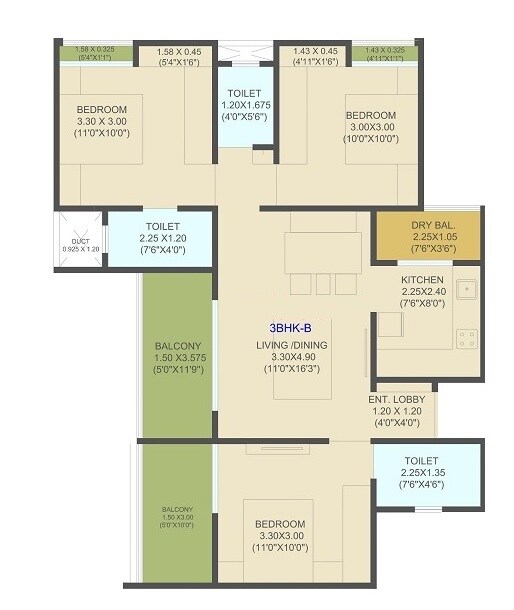 Floor plan of 3 BHK 870 Sq. Ft. Apartment in Destination EL Progreso, Pune