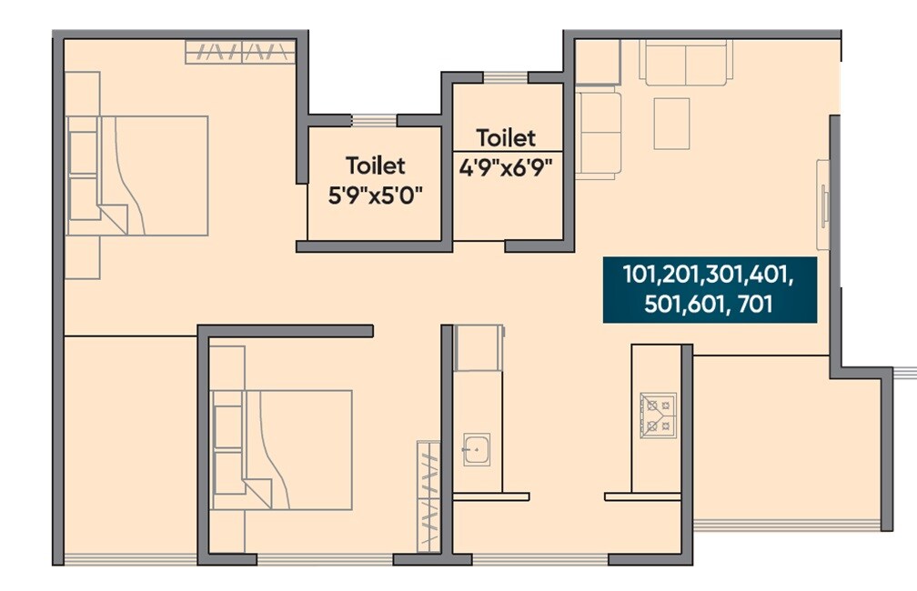 Floor plan of 2 BHK 701 Sq. Ft. Apartment in Destiny 7 Avenue, Pune