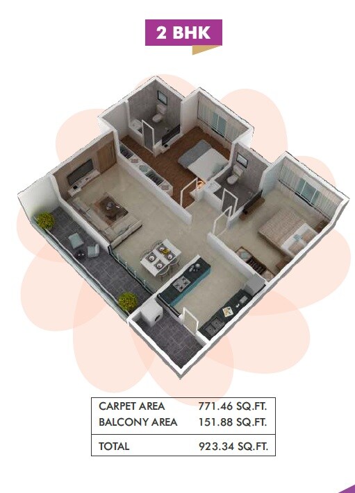 Floor plan of 1 BHK 923 Sq. Ft. Apartment in Destiny Bliss, Pune