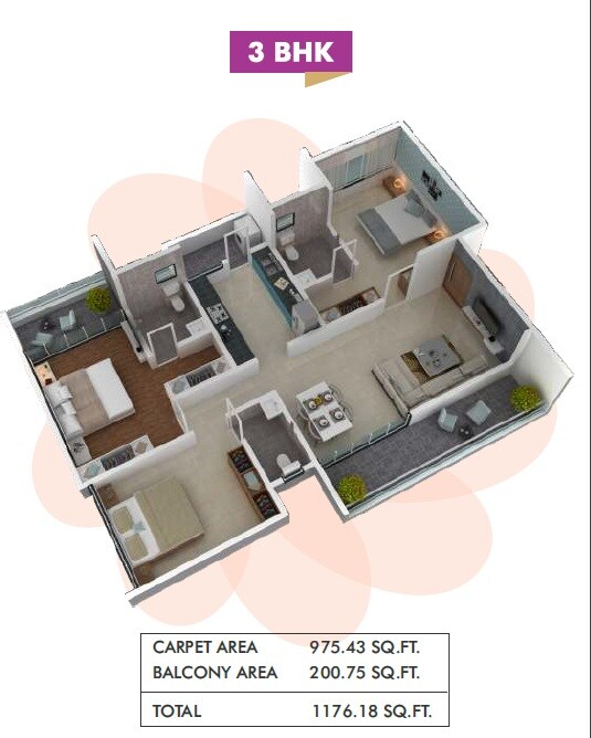 Floor plan of 3 BHK 109 Sq. Ft. Apartment in Destiny Bliss, Pune