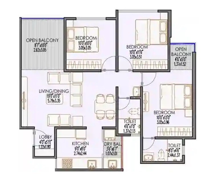 Floor plan of 3 BHK 922 Sq. Ft. Apartment in Deu Trident, Pune
