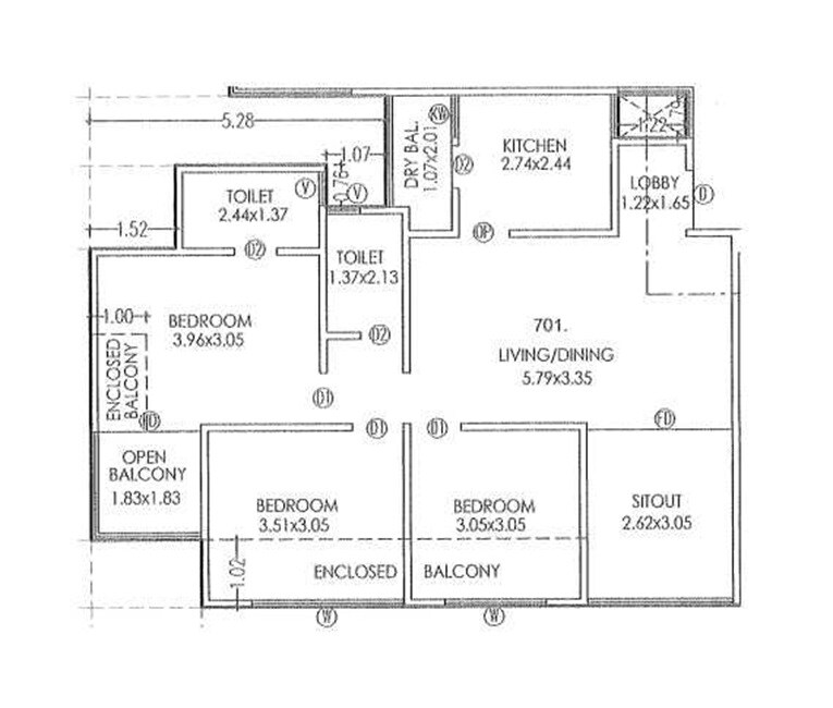 Floor plan of 3 BHK 930 Sq. Ft. Apartment in Deu Trident, Pune