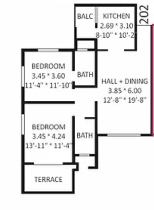 Floor plan of 2 BHK 681 Sq. Ft. Apartment in Devi Crest, Pune