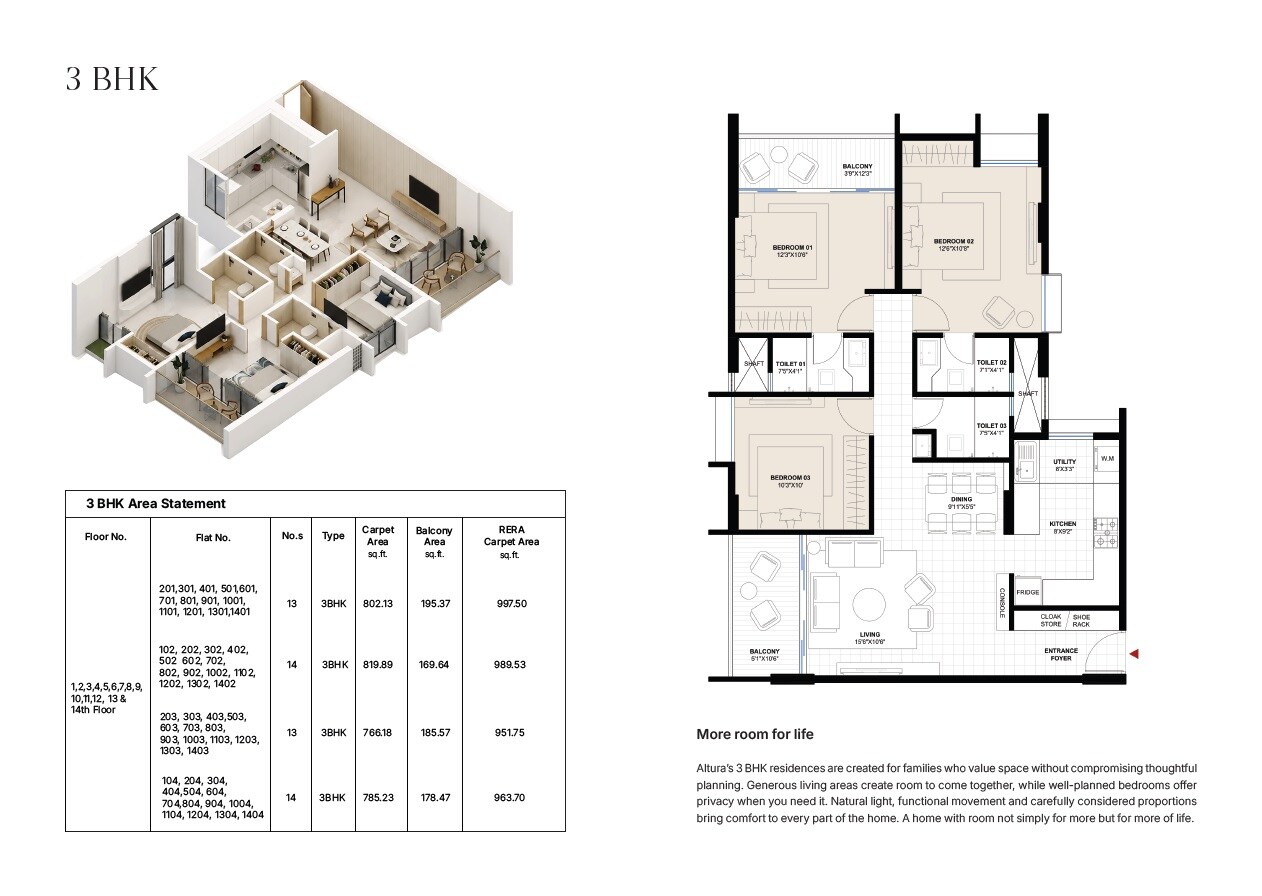Floor plan of 3 BHK Apartment - 952 sq. ft. in Dhaneshwar Altura, Pune