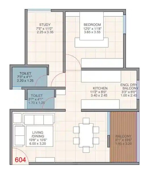 Floor plan of 2 BHK 656 Sq. Ft. Apartment in Dhangauri Apartment, Pune