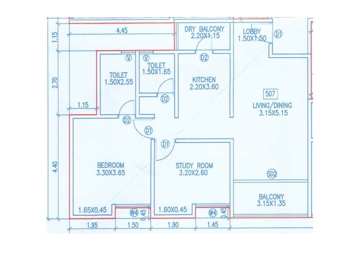 Floor plan of 2 BHK 710 Sq. Ft. Apartment in Dhanlaxmi Evana Homes, Pune