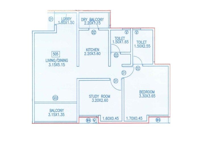 Floor plan of 2 BHK 752 Sq. Ft. Apartment in Dhanlaxmi Evana Homes, Pune
