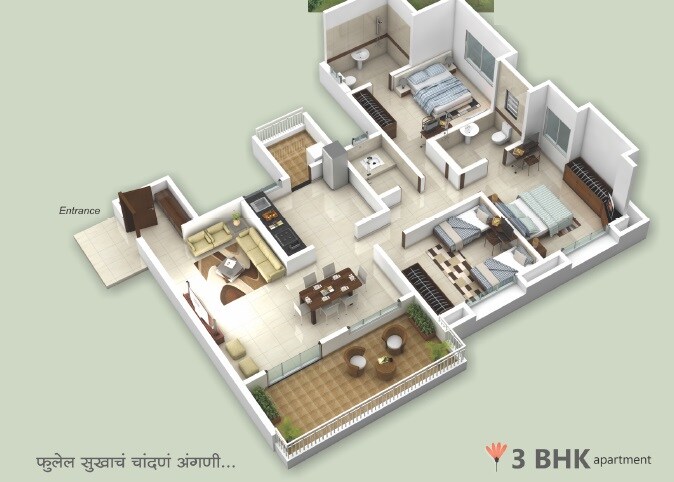 Floor plan of 3 BHK 940 Sq. Ft. Apartment in Dharmavat Sunder Sanskruti, Pune