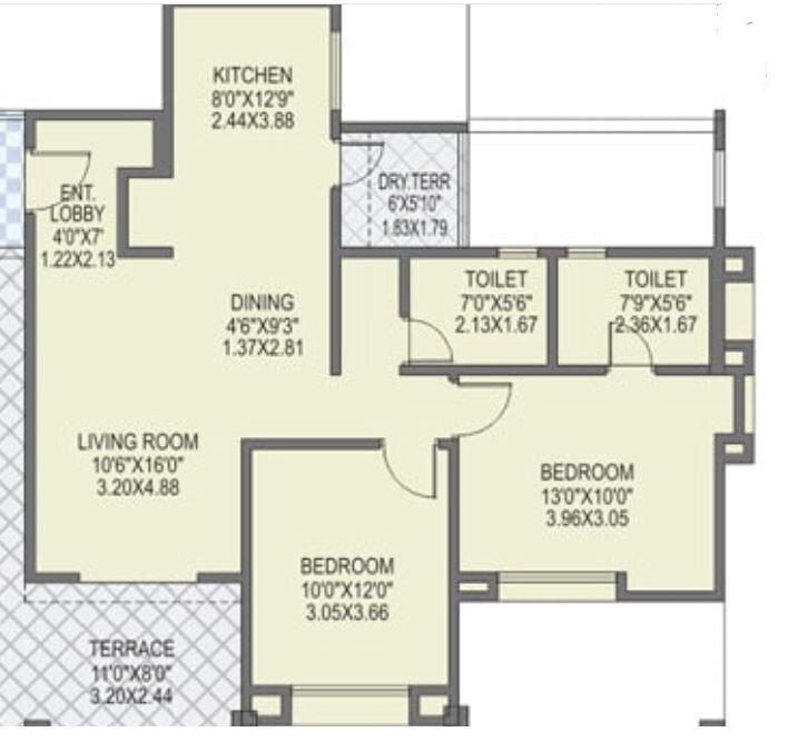 Floor plan of 2 BHK 1184 Sq. Ft. Apartment in Dharmavat Sunder Sanskruti Phase 3, Pune